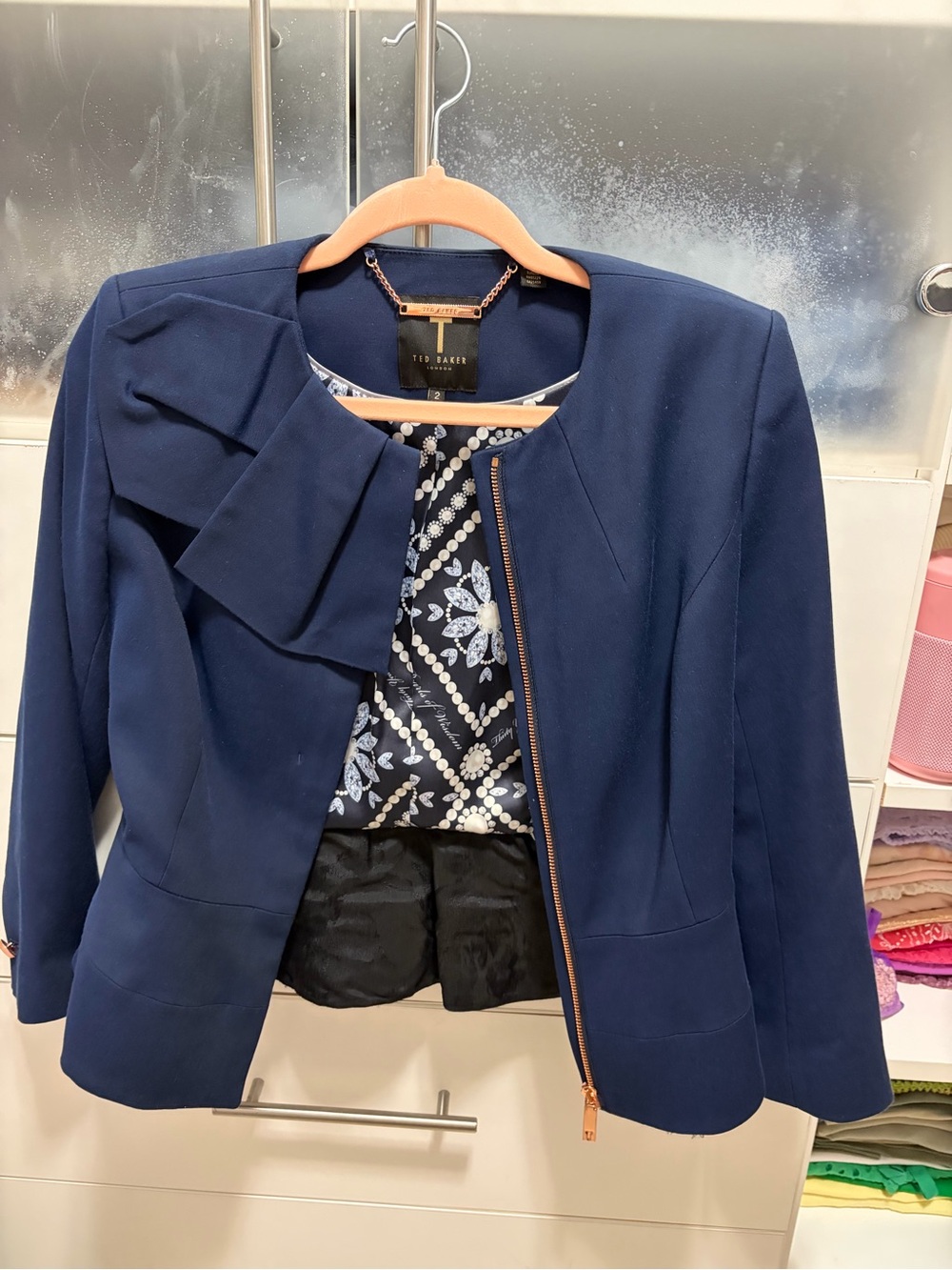 Ted Baker Navy Zip-Front Blazer with Bow Detail